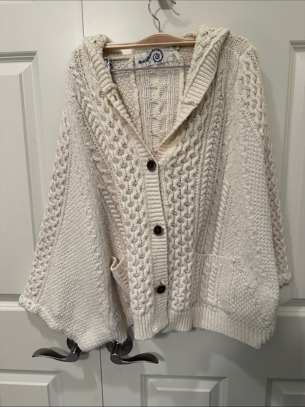 Hooded Cream Cable-Knit Button-Front Sweater Cape